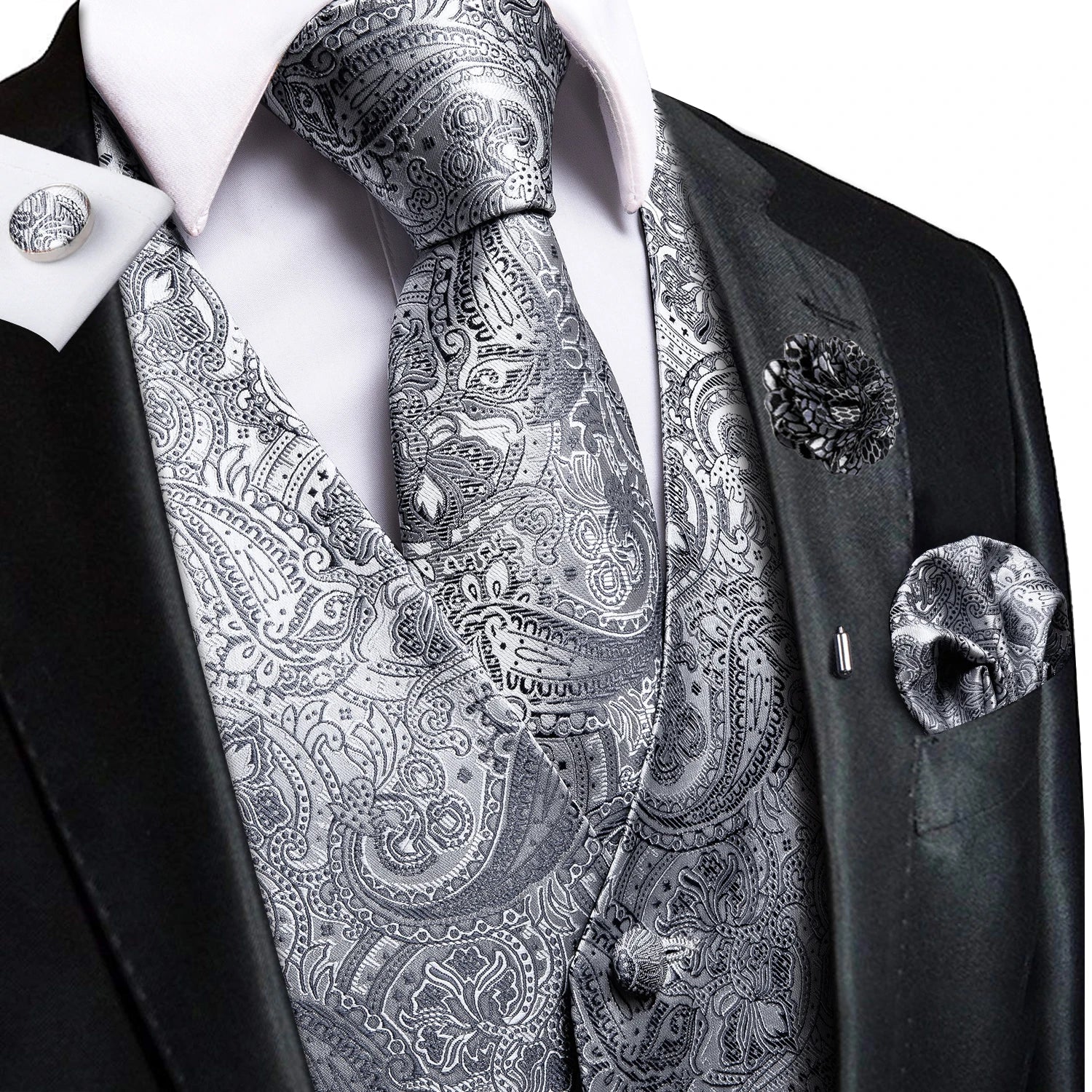 Hi-Tie High Quality Silk Mens Vests Champagne Paisley Waistcoat Neck Tie Hanky Cufflinks Brooch Set for Men Suit Wedding Office