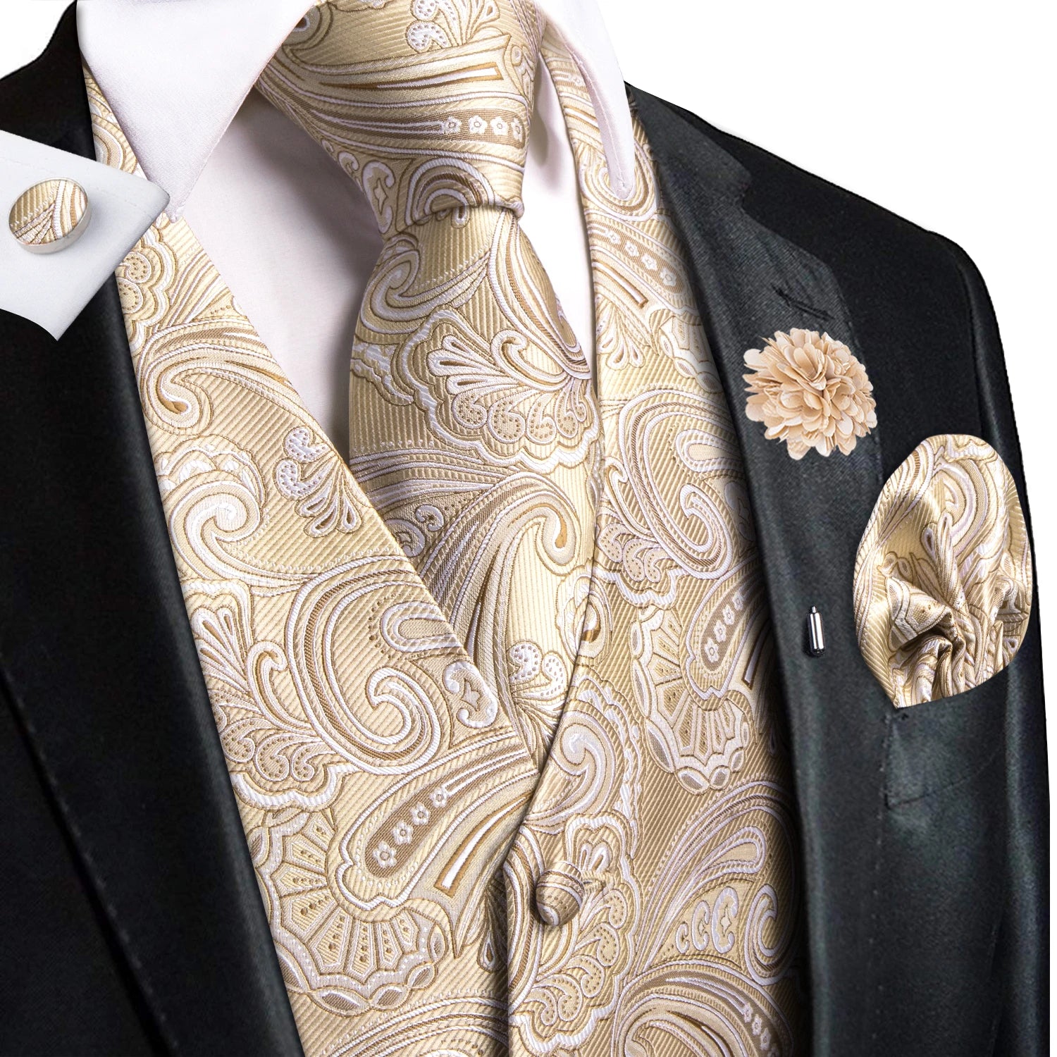 Hi-Tie High Quality Silk Mens Vests Champagne Paisley Waistcoat Neck Tie Hanky Cufflinks Brooch Set for Men Suit Wedding Office