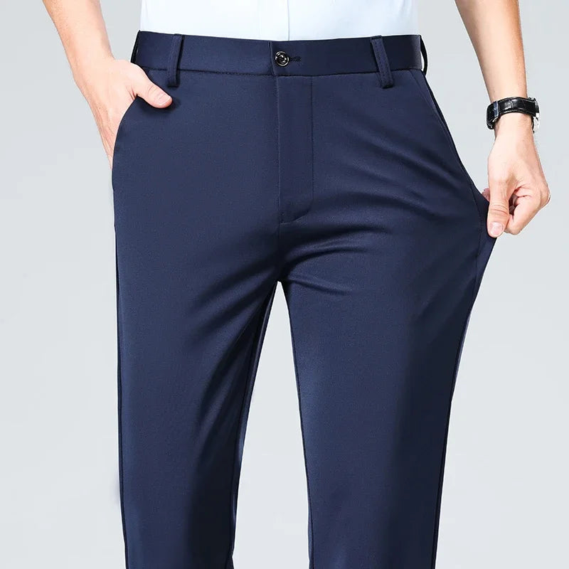 Spring Summer Stretch Smooth Trousers Men Classic Business Elastic Waist Pants Thin Black Gray Blue Casual Suit Pants Male Brand