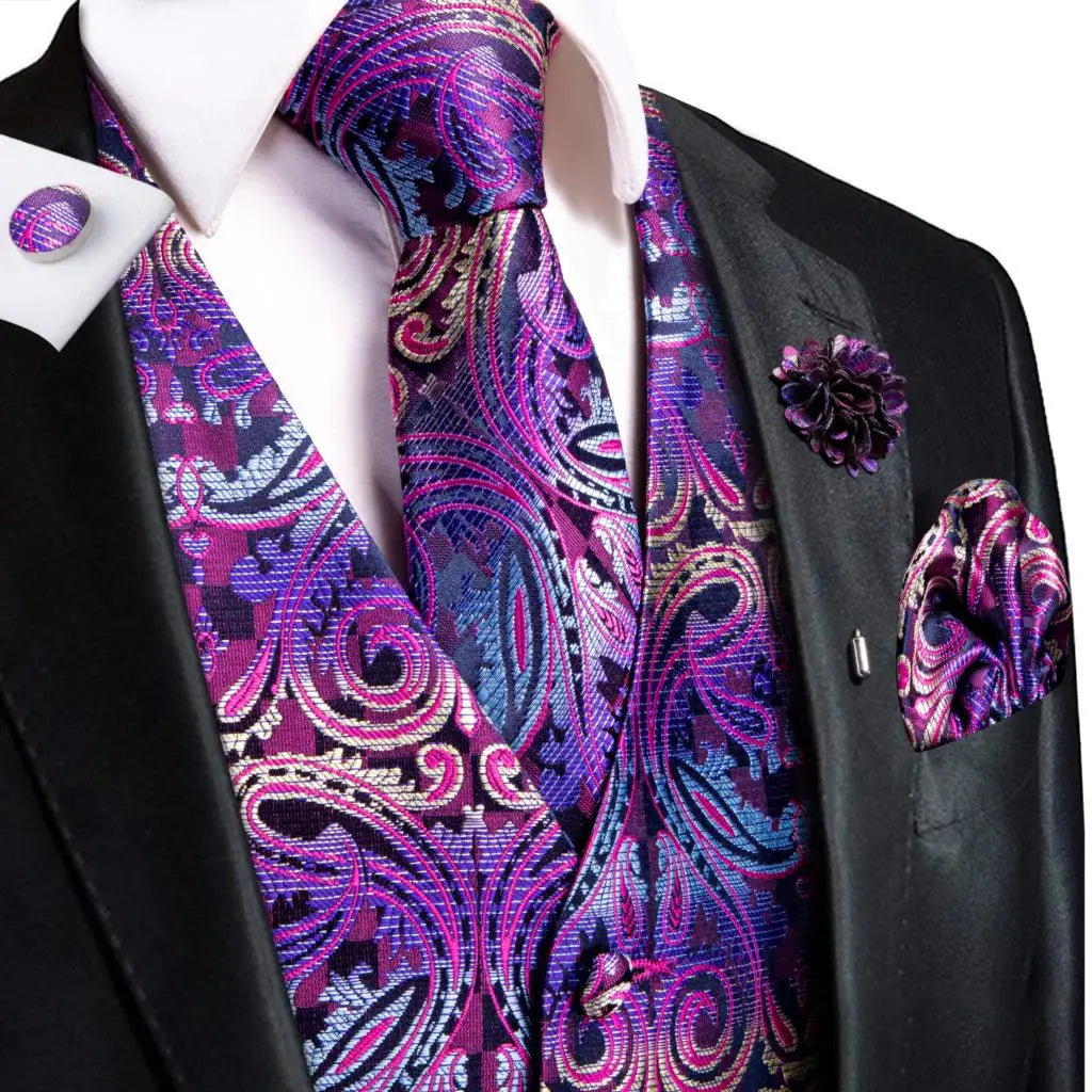 Hi-Tie High Quality Silk Mens Vests Champagne Paisley Waistcoat Neck Tie Hanky Cufflinks Brooch Set for Men Suit Wedding Office