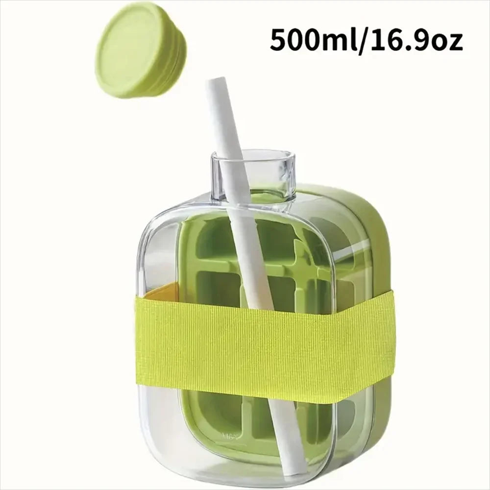 Ice Cube Bottle with Straw, 2 In 1 Touch-Free Push-Type Ice Cube Making Bottle, Easy Release Water Bottle Ice Mold
