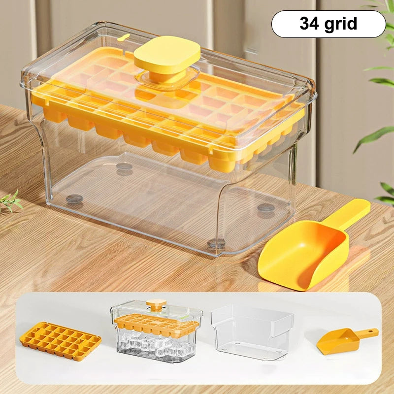 34/68 Cavity Double-Layer Press Type Ice Cube Tray with Storage Box Quick-Freeze Ice Maker Kitchen Gadget in Green and Yellow