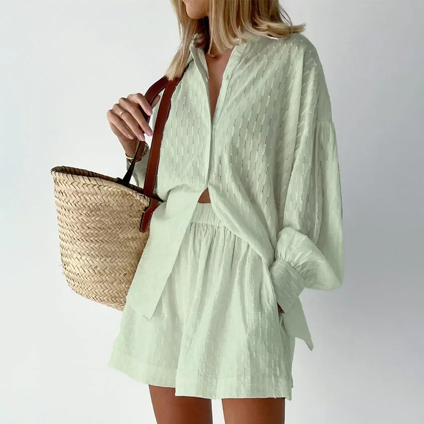 Women Jacquard Puff Sleeves Two Piece Sets for Summer Fashion Loose Shorts and Long Sleeved Shirt Outfits