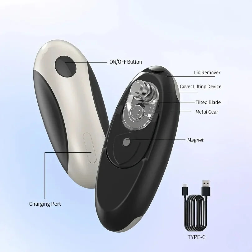 Cordless electric can opener, USB-C kitchen tool, with smooth cutting safety edge, stable grip handle, one-button automatic