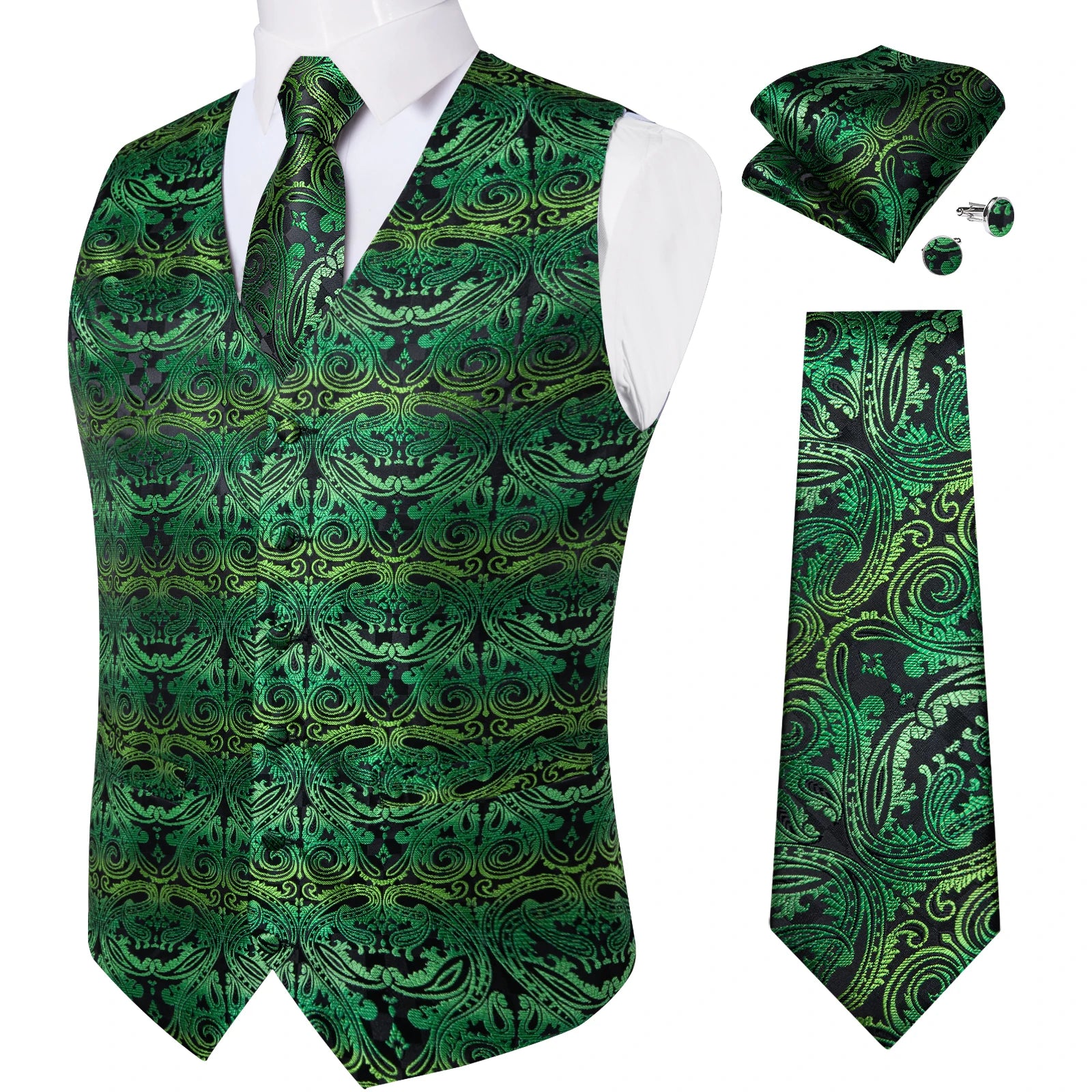 Fashion Light Blue Paisley Silk Vests for Men with Tie Handkerchief Cufflinks Business Wedding Party Waistcoat Tuxedo Vest