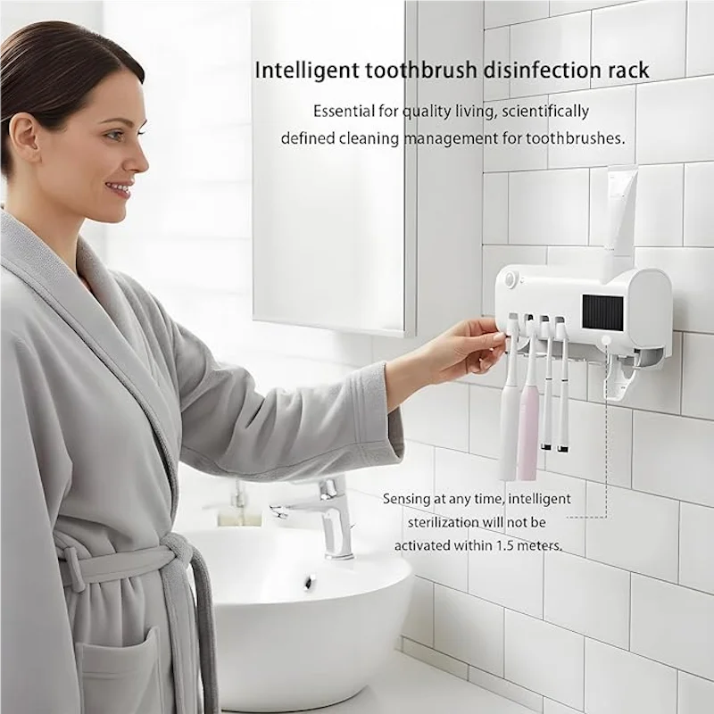 A wall mounted solar ultraviolet toothbrush sterilizer, with Automatic Toothpaste Dispenser&Squeezing Kit & bathroom accessories
