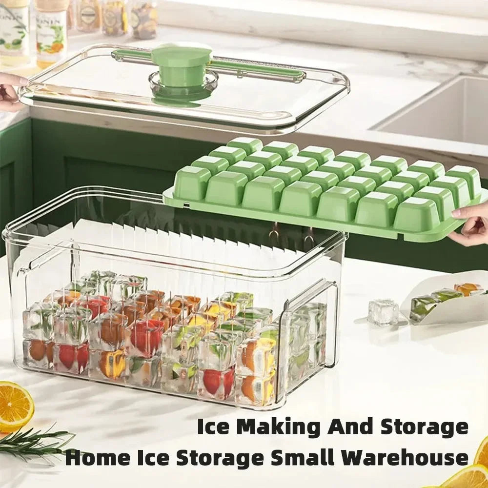 34/68 Cavity Double-Layer Press Type Ice Cube Tray with Storage Box Quick-Freeze Ice Maker Kitchen Gadget in Green and Yellow