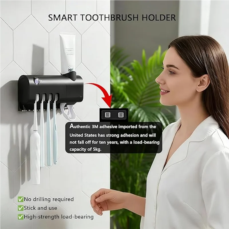 A wall mounted solar ultraviolet toothbrush sterilizer, with Automatic Toothpaste Dispenser&Squeezing Kit & bathroom accessories