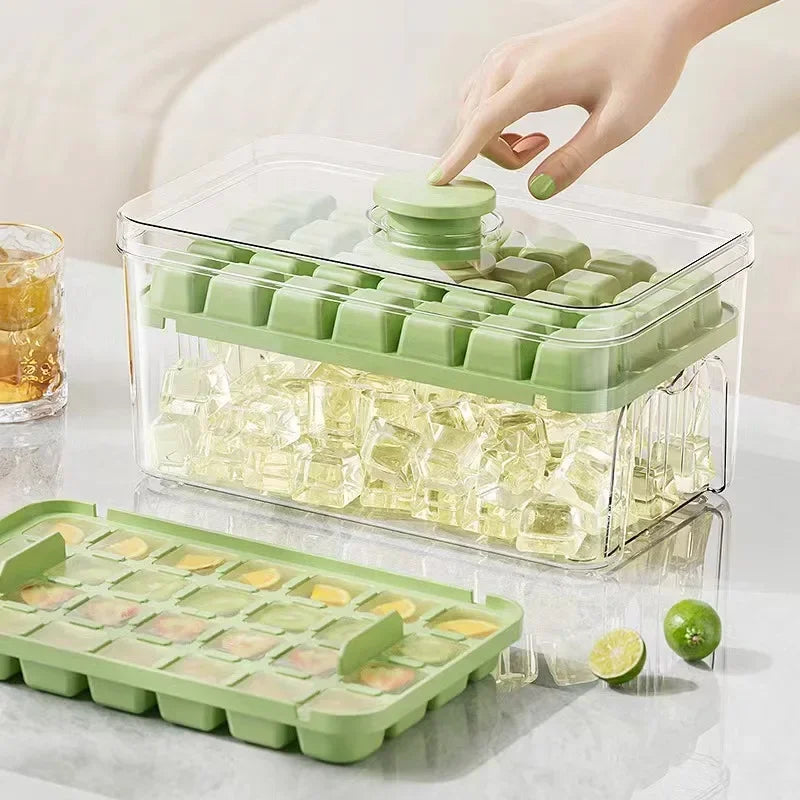 34/68 Cavity Double-Layer Press Type Ice Cube Tray with Storage Box Quick-Freeze Ice Maker Kitchen Gadget in Green and Yellow
