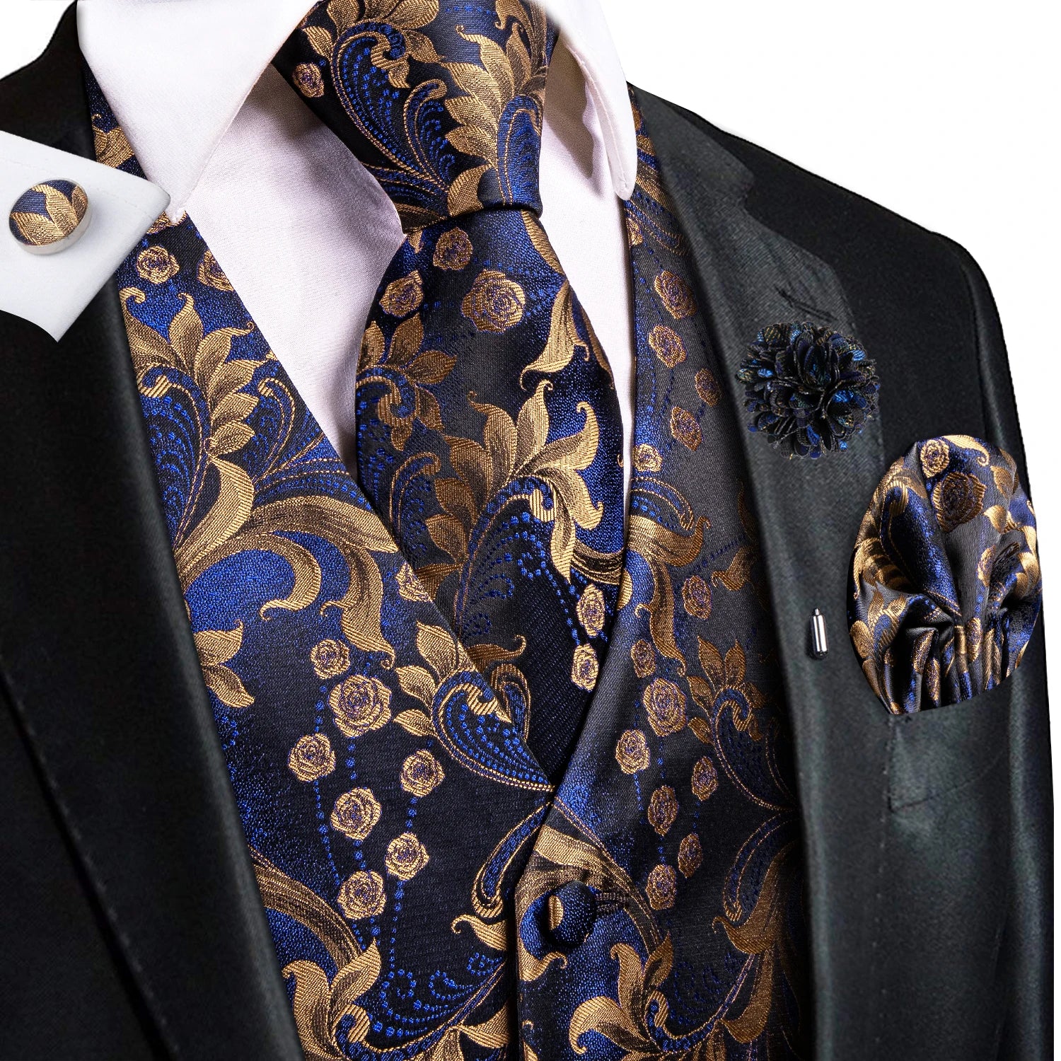 Hi-Tie High Quality Silk Mens Vests Champagne Paisley Waistcoat Neck Tie Hanky Cufflinks Brooch Set for Men Suit Wedding Office