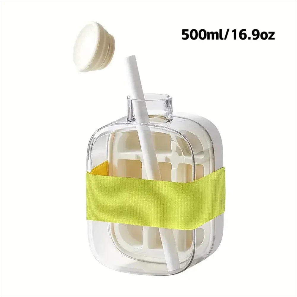 Ice Cube Bottle with Straw, 2 In 1 Touch-Free Push-Type Ice Cube Making Bottle, Easy Release Water Bottle Ice Mold