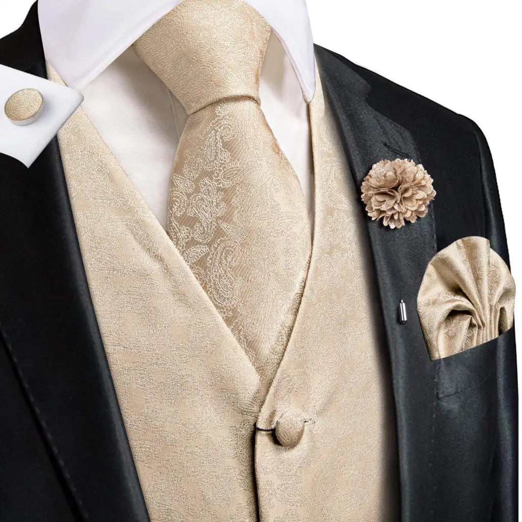 Hi-Tie High Quality Silk Mens Vests Champagne Paisley Waistcoat Neck Tie Hanky Cufflinks Brooch Set for Men Suit Wedding Office