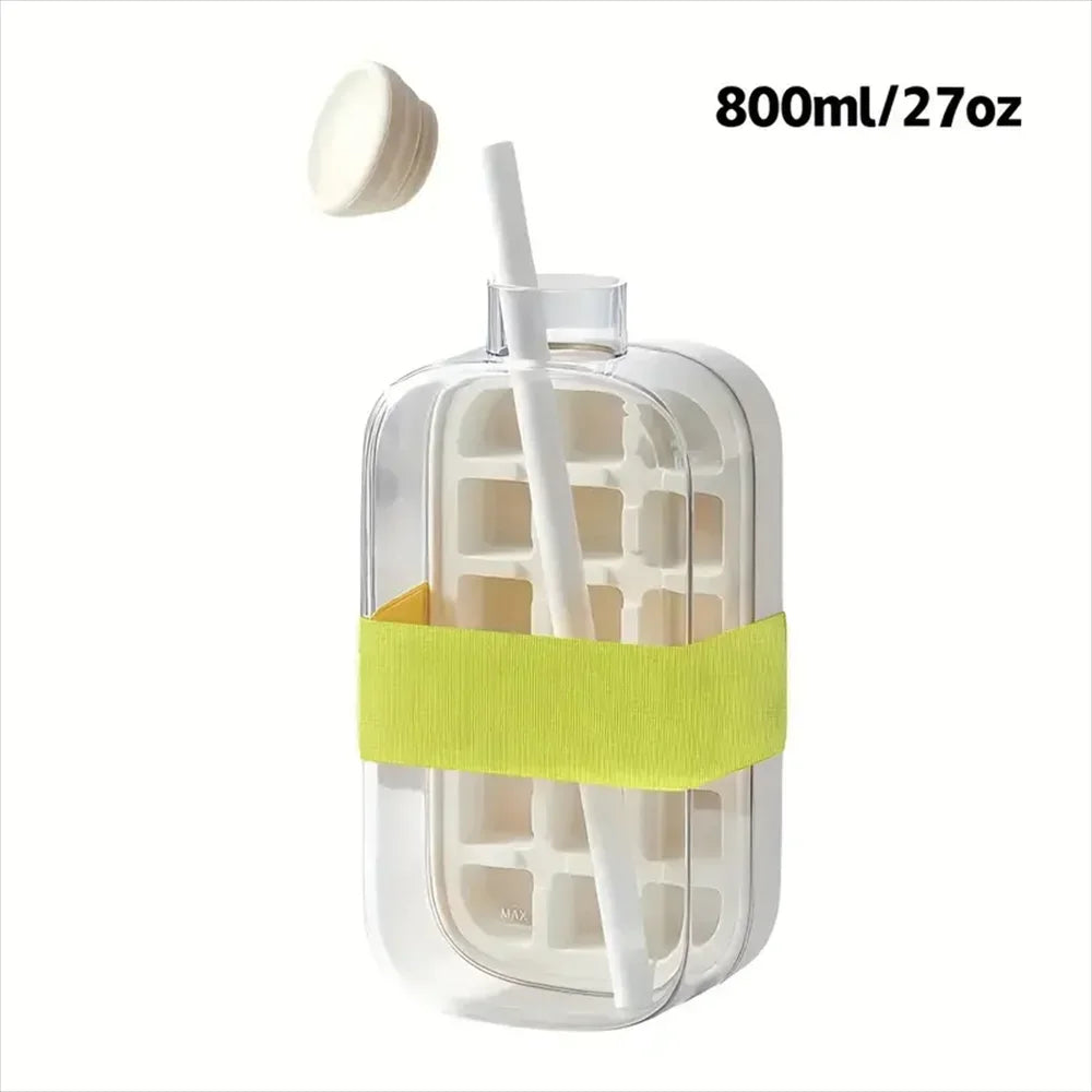 Ice Cube Bottle with Straw, 2 In 1 Touch-Free Push-Type Ice Cube Making Bottle, Easy Release Water Bottle Ice Mold