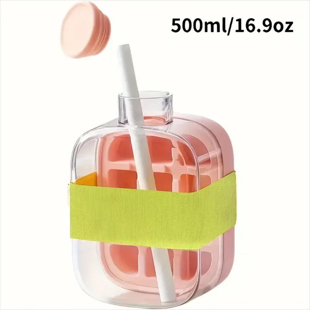 Ice Cube Bottle with Straw, 2 In 1 Touch-Free Push-Type Ice Cube Making Bottle, Easy Release Water Bottle Ice Mold
