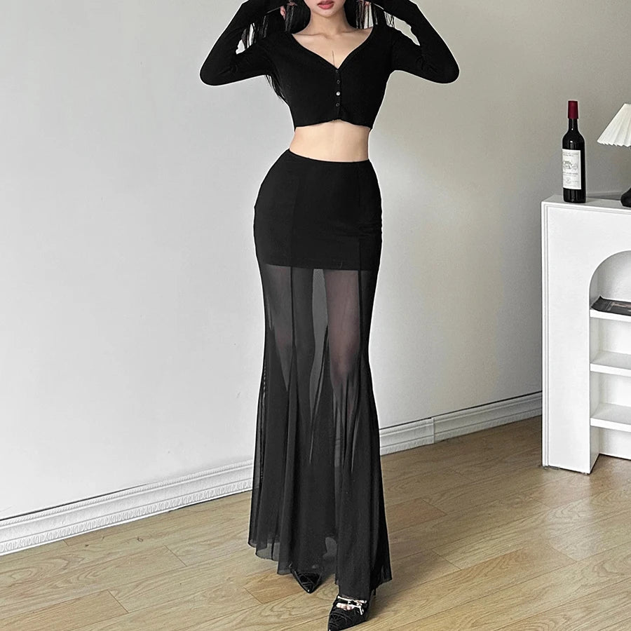 Sylcue 2024 Spring New Black Mysterious Sexy Hot All-match Trendy Personalized Women's Perspective Thin Skirt