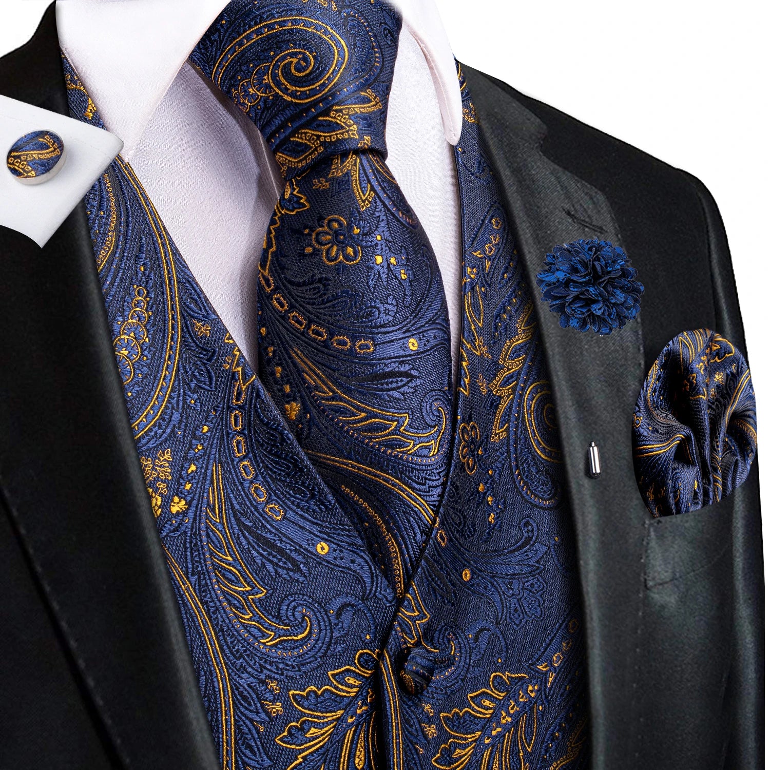 Hi-Tie High Quality Silk Mens Vests Champagne Paisley Waistcoat Neck Tie Hanky Cufflinks Brooch Set for Men Suit Wedding Office