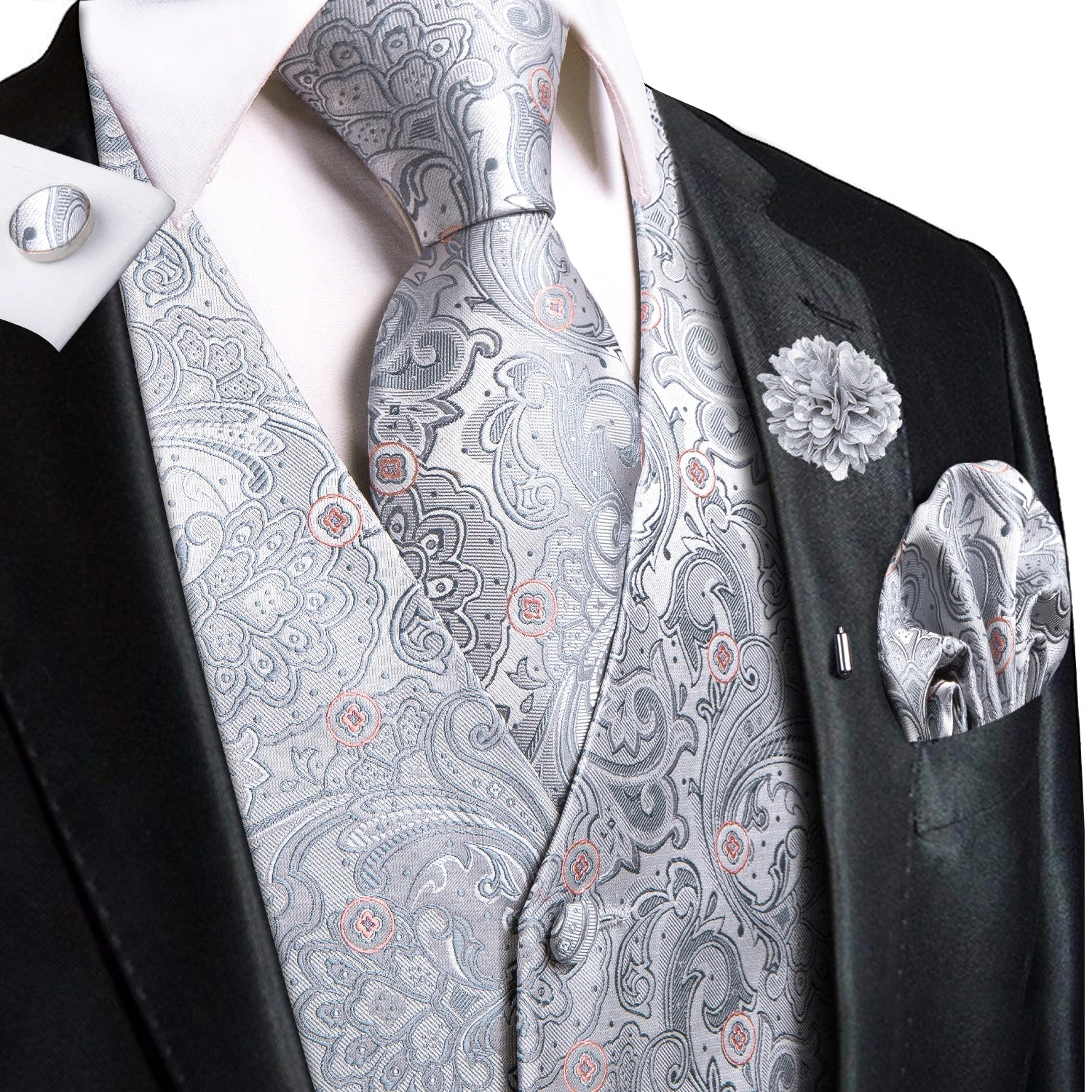 Hi-Tie High Quality Silk Mens Vests Champagne Paisley Waistcoat Neck Tie Hanky Cufflinks Brooch Set for Men Suit Wedding Office