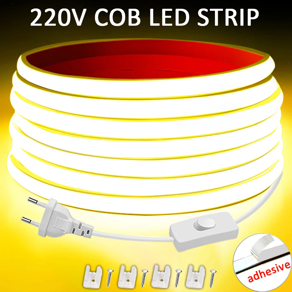 220V Led Strip High Brightness COB LED Strip 220V Flexible Ribbon for Room Bedroom Kitchen Lighting