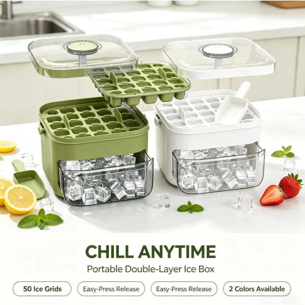 Ice Cube Tray with Lid & Bin Ice Maker for Freezer Double-layer Ice Cube Tray for Whiskey, Cocktail, Coffee Drinks, Beer