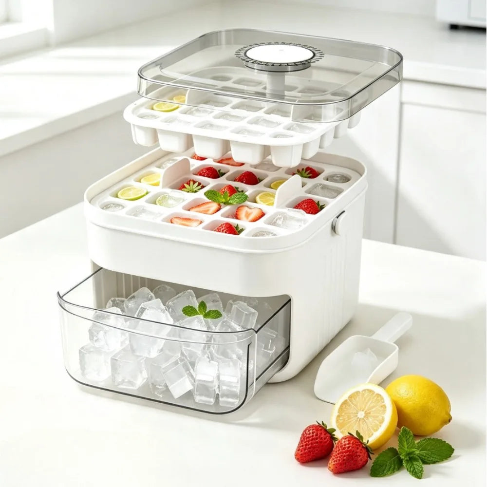 Ice Cube Tray with Lid & Bin Ice Maker for Freezer Double-layer Ice Cube Tray for Whiskey, Cocktail, Coffee Drinks, Beer