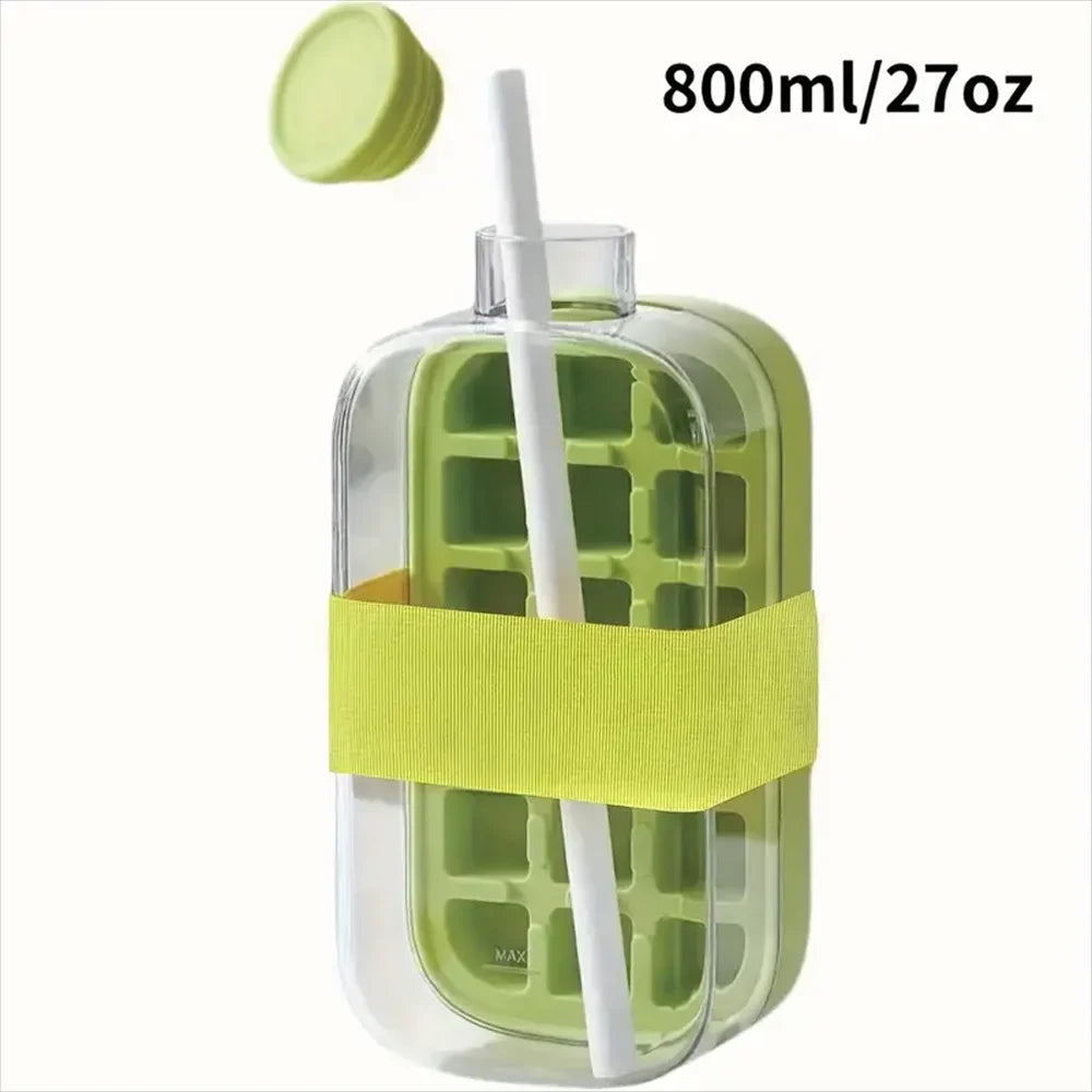 Ice Cube Bottle with Straw, 2 In 1 Touch-Free Push-Type Ice Cube Making Bottle, Easy Release Water Bottle Ice Mold