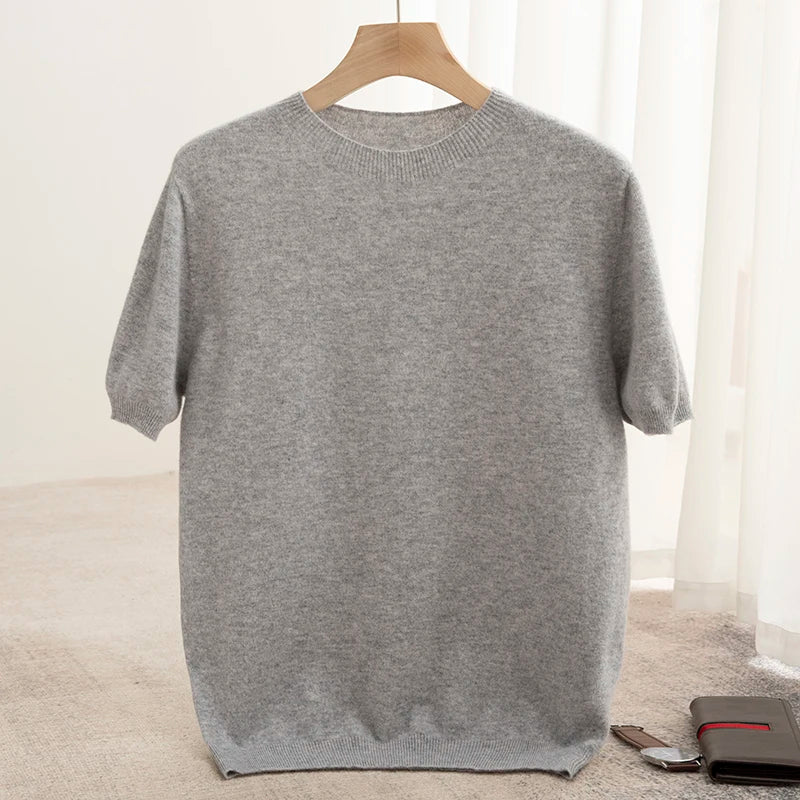 New Summer Autumn Men's 100% Merino Wool Pullover O-Neck Short Sleeve Jumper Cashmere Sweater Soft Casual Tops T Shirt