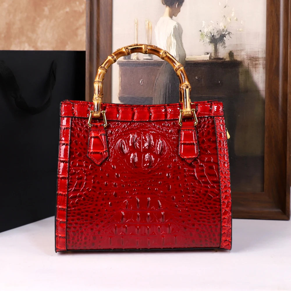 2025 New crocodile-patterned middle-aged mom bag, genuine bamboo joint handle handbag, high-end single-shoulder crossbody bag