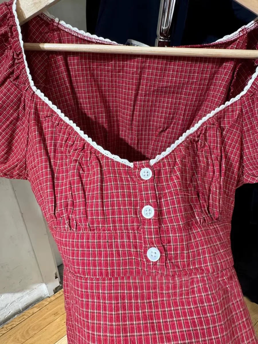 Red Plaid T-Shirt Shorts Set Women Summer Lace-up Puff Sleeve Blouse+Buttons Elastic Waist Short Pants Cotton Sweet 2 Piece Sets