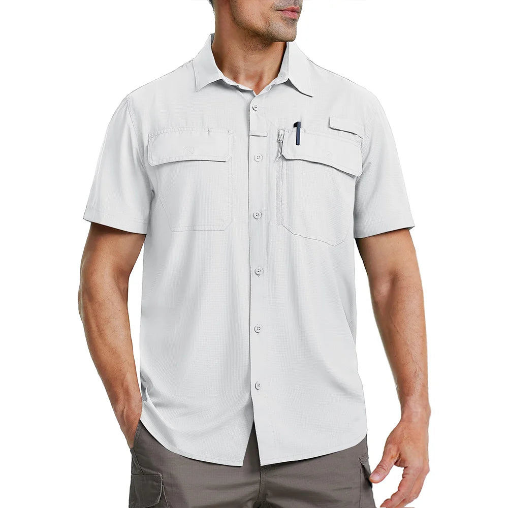 TACVASEN Quick Dry Short Sleeve Shirts Men's UPF 50+ Sun Protection Work Cargo Shirts Mesh Breathable Hiking Fishing Shirts Man