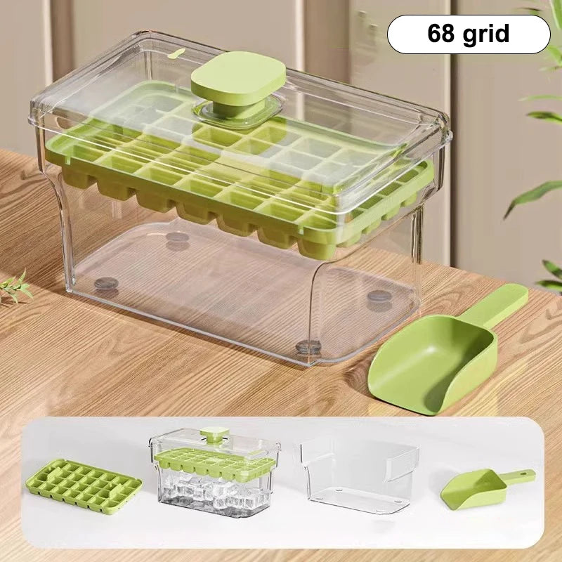 34/68 Cavity Double-Layer Press Type Ice Cube Tray with Storage Box Quick-Freeze Ice Maker Kitchen Gadget in Green and Yellow