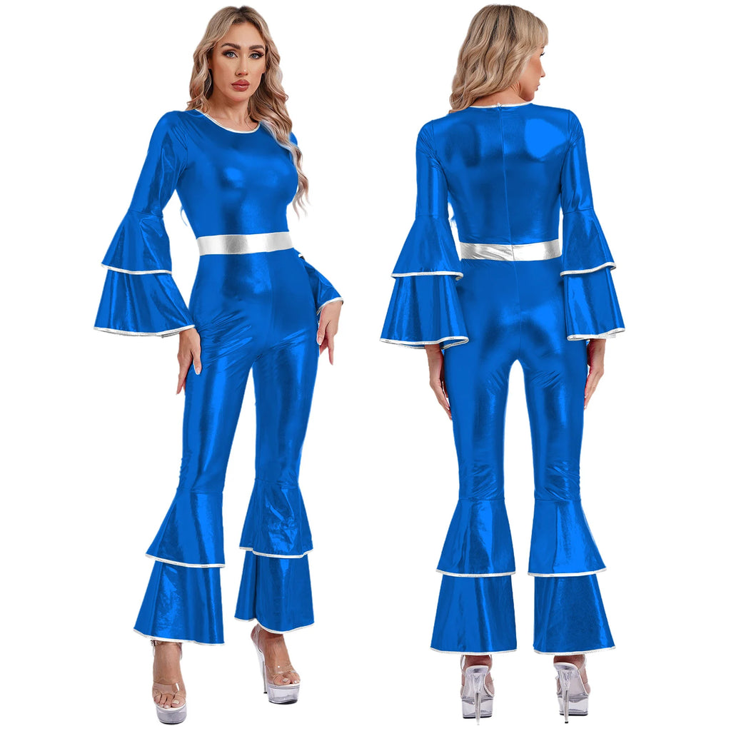 Womens 70S Disco Vintage Jumpsuit Metallic Shiny Flare Sleeve Bodysuit Hippie Bell Bottom Jazz Dance Carnival Rave Party Costume