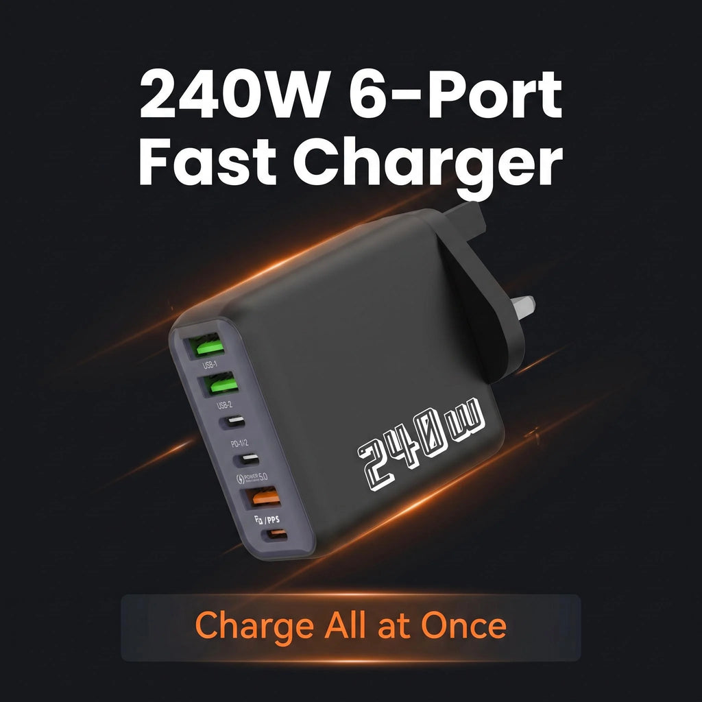 240W Super Fast Charger UK 6-Port USB-C PD PPS QC5 Multi Device Charging Station Wall Charger Adapter For iPhone Samsung xiaomi
