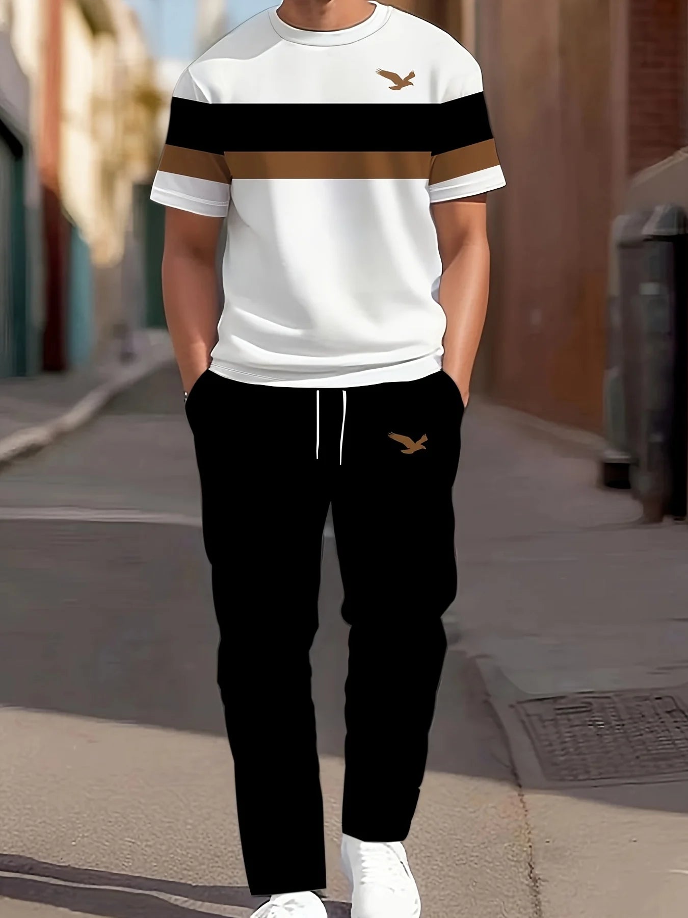 The new men's set for summer 2025 featuring 3D striped prints is a casual and fashionable outdoor sportswear