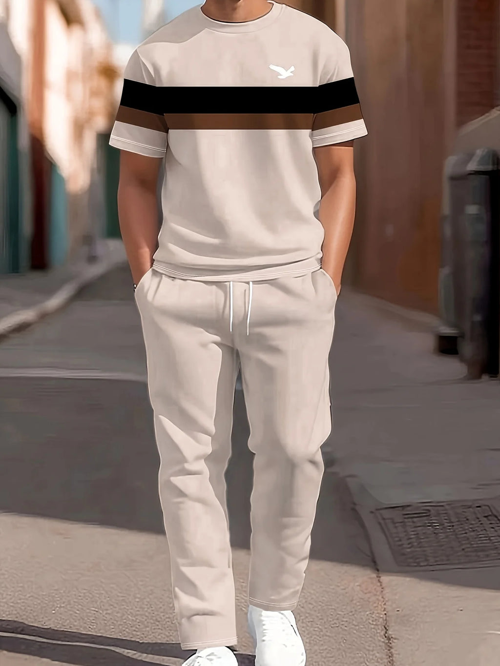 The new men's set for summer 2025 featuring 3D striped prints is a casual and fashionable outdoor sportswear