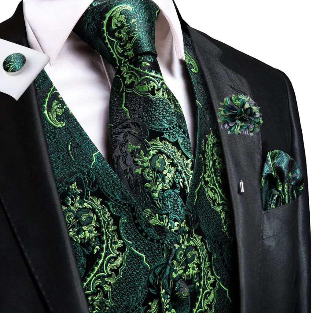 Hi-Tie High Quality Silk Mens Vests Champagne Paisley Waistcoat Neck Tie Hanky Cufflinks Brooch Set for Men Suit Wedding Office