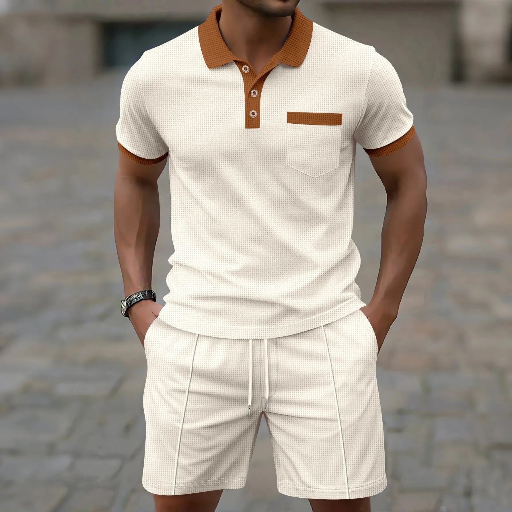 2025 summer new men waffle pocket color matching POLO shirt short sleeve shirt T-shirt shorts two sets