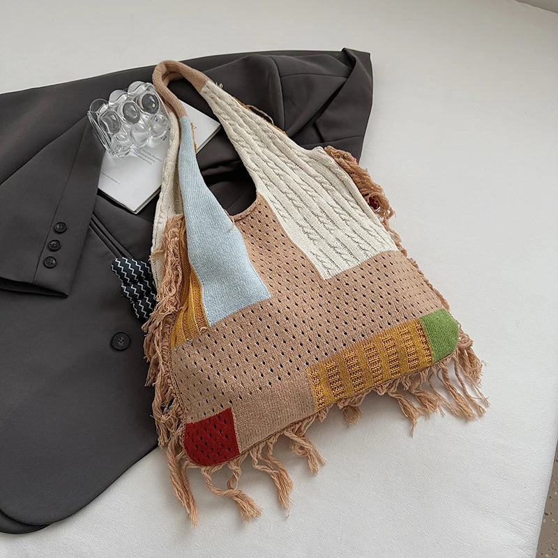 Cute Little Fish Relaxed Knitted Bag 2025 Summer New Commuter Versatile Shoulder Bag Contrasting Cut Out Tote Bag
