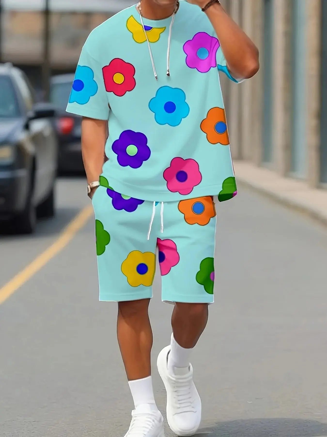 Summer 2025 new men's set with colorful flower prints, casual set with round neck, short sleeve T-shirt and shorts, summer outdo