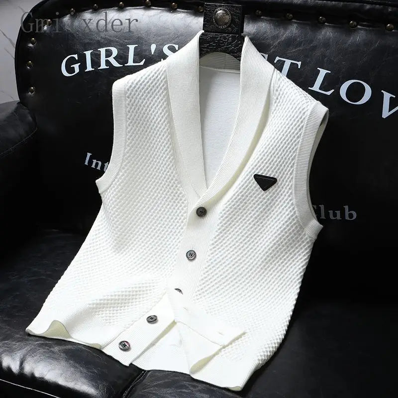 2025 Spring Summer Knitted Cardigan Vest Men's American Trendy Solid Color Slim Business Versatile Fashion Tops Men Aesthetic