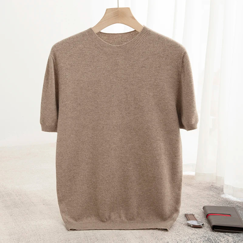 New Summer Autumn Men's 100% Merino Wool Pullover O-Neck Short Sleeve Jumper Cashmere Sweater Soft Casual Tops T Shirt