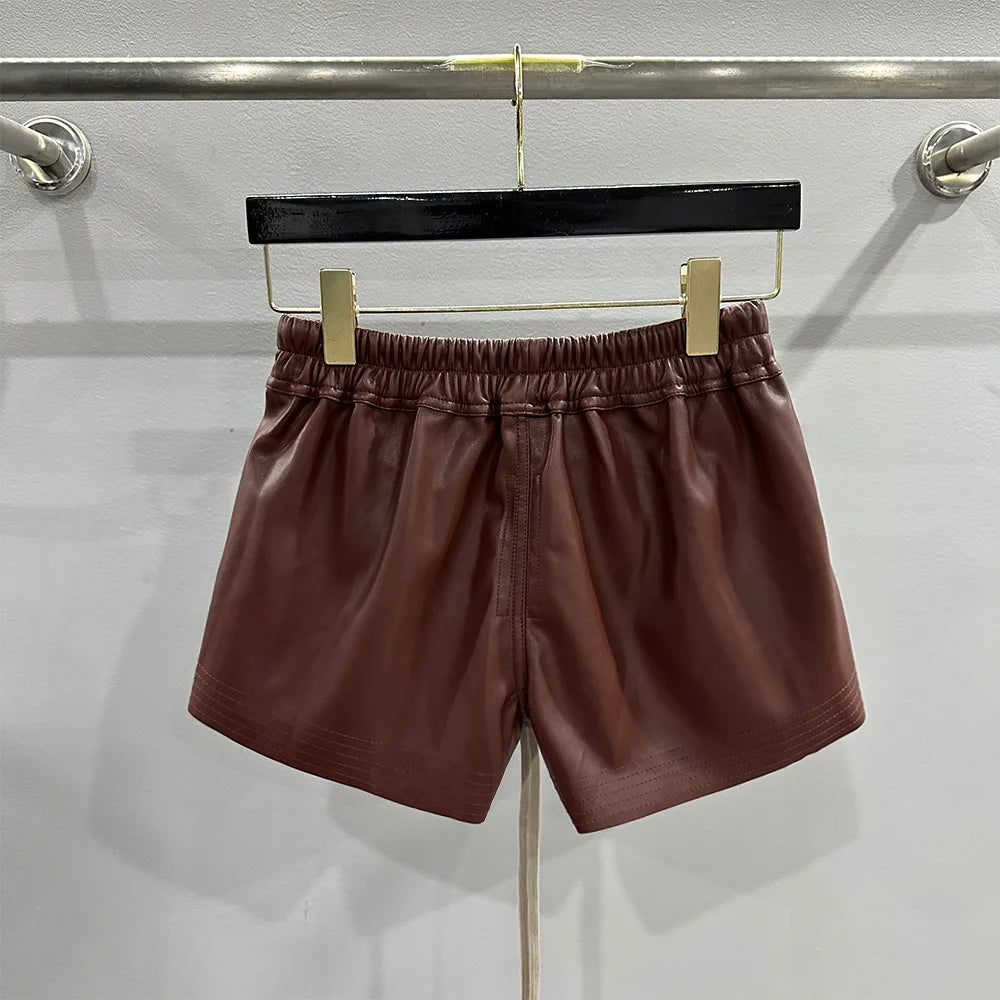 Women's Fashion Basic PU Leather Four Corner Pockets Comfortable Shorts New Versatile Black Short Pants