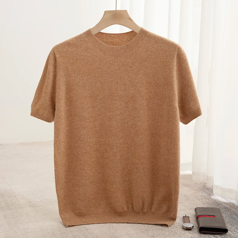 New Summer Autumn Men's 100% Merino Wool Pullover O-Neck Short Sleeve Jumper Cashmere Sweater Soft Casual Tops T Shirt