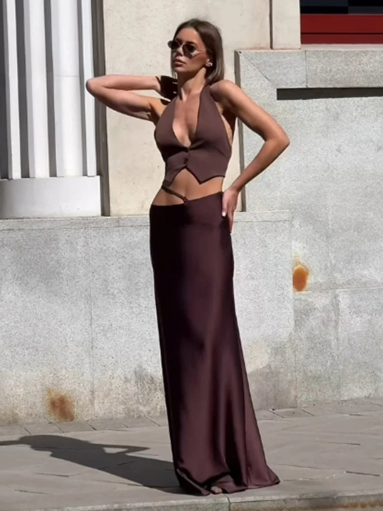 ByeMyLove 2 Pieces Sets Women Maxi Skirts Silk Crop Top With Long Skirts Sexy Elegant Evening Party Skirts Outfits Summer New