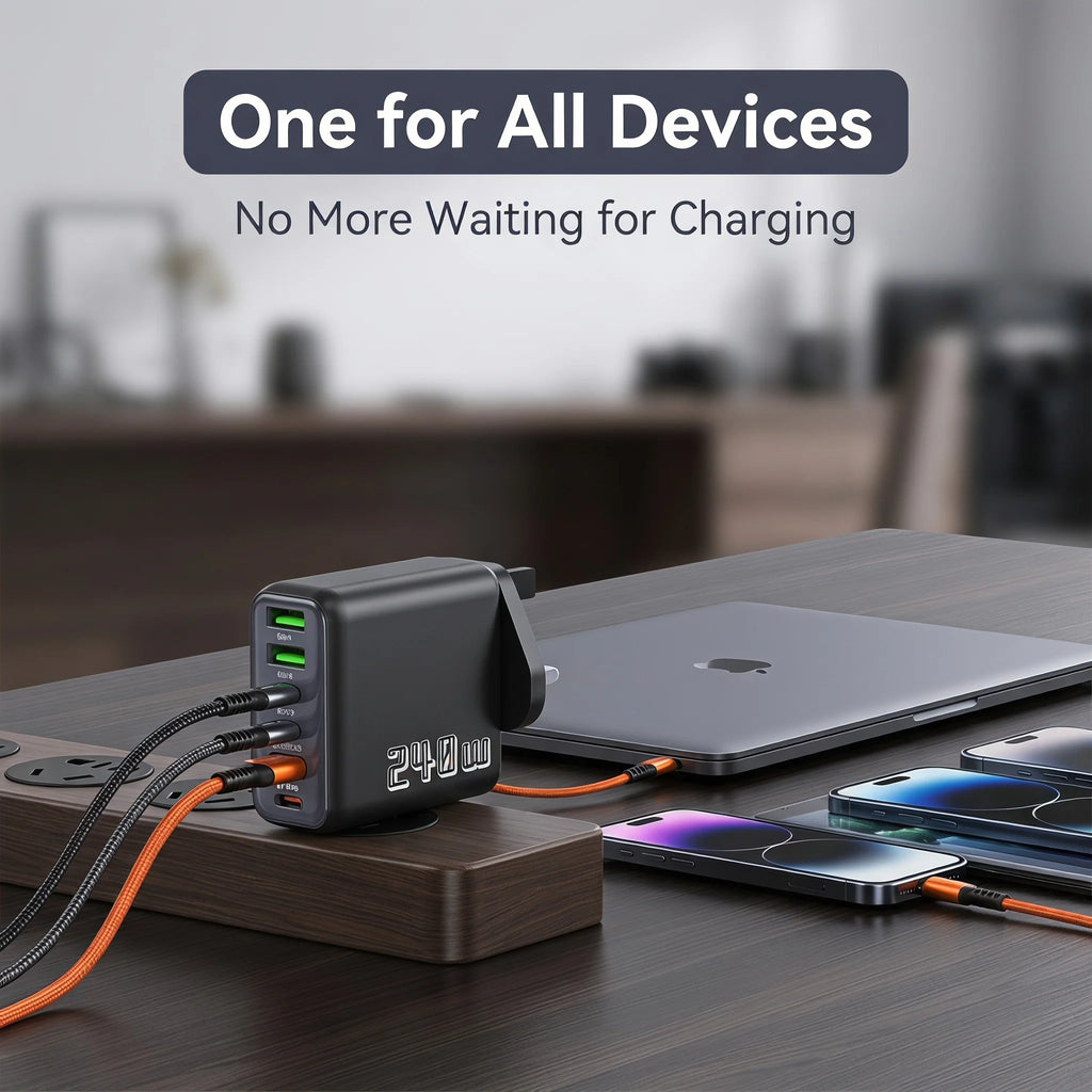 240W Super Fast Charger UK 6-Port USB-C PD PPS QC5 Multi Device Charging Station Wall Charger Adapter For iPhone Samsung xiaomi