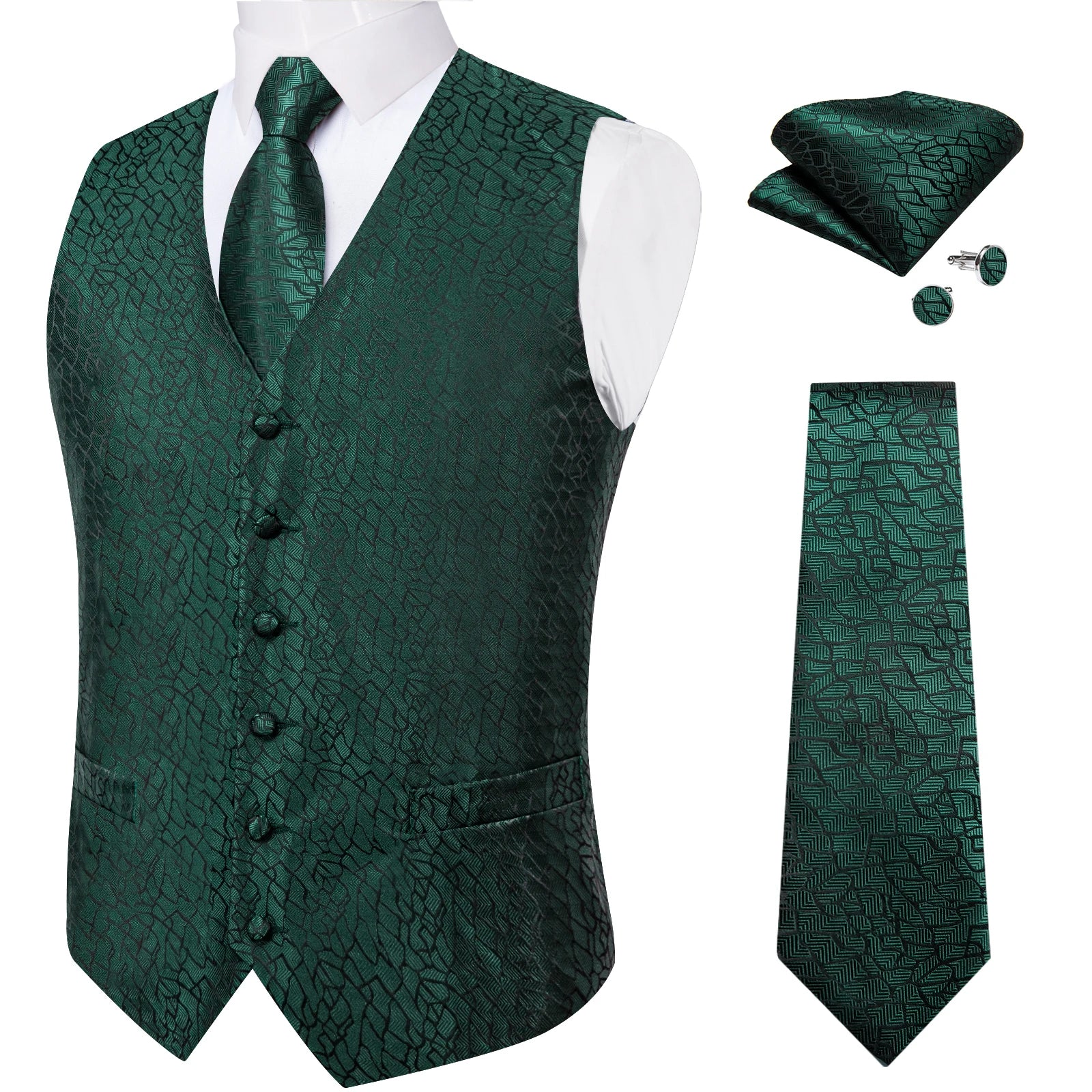 Fashion Light Blue Paisley Silk Vests for Men with Tie Handkerchief Cufflinks Business Wedding Party Waistcoat Tuxedo Vest