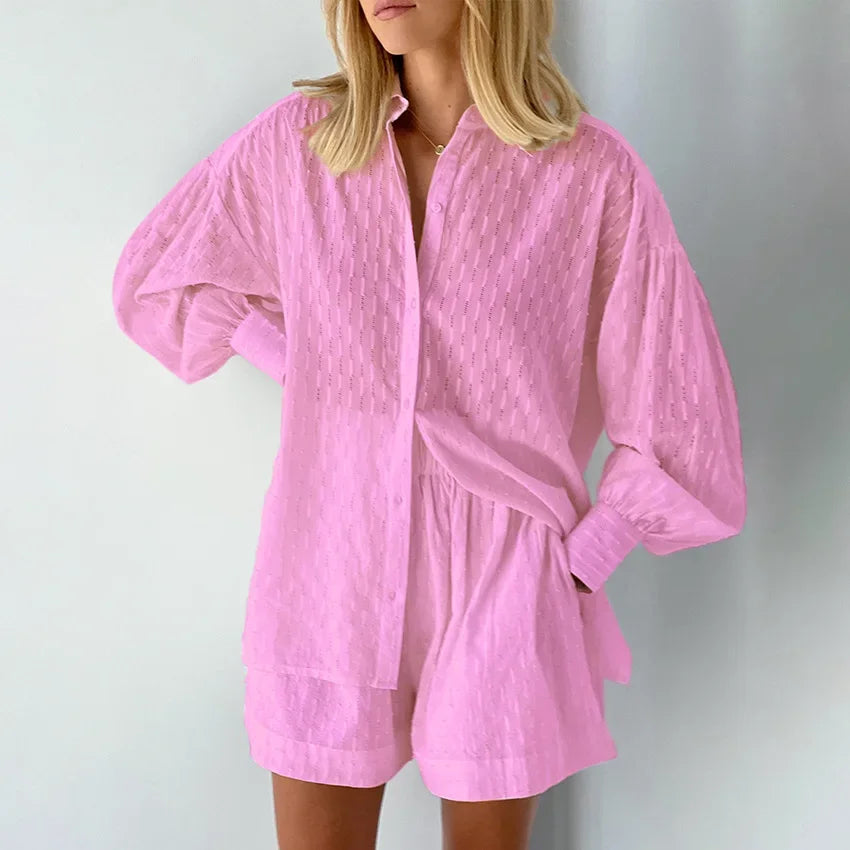 Women Jacquard Puff Sleeves Two Piece Sets for Summer Fashion Loose Shorts and Long Sleeved Shirt Outfits