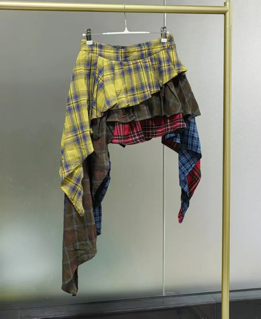 Real Photo Autumn Trend New Fashion Cotton Plaid Patchwork Irregular Skirt High Waist Pants Skirt Women's Streetwear Y2K Skirt
