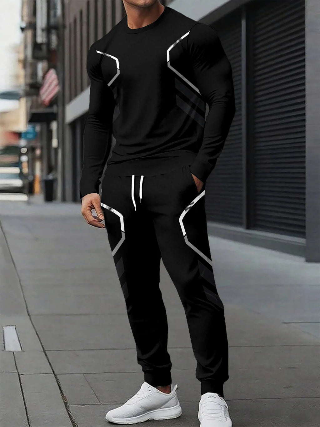 The new men's round-neck sweatshirt set for Spring and Autumn 2025 features street fashion and comfort with 3D pattern printing