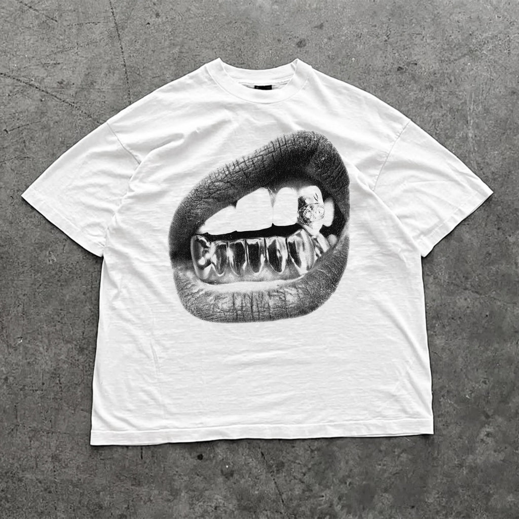 Big Lips Y2k Mouth T Shirt Grillz White T Shirt - Unisex Y2k Shirt Streetwear T Shirt Men Clothing Comfortable