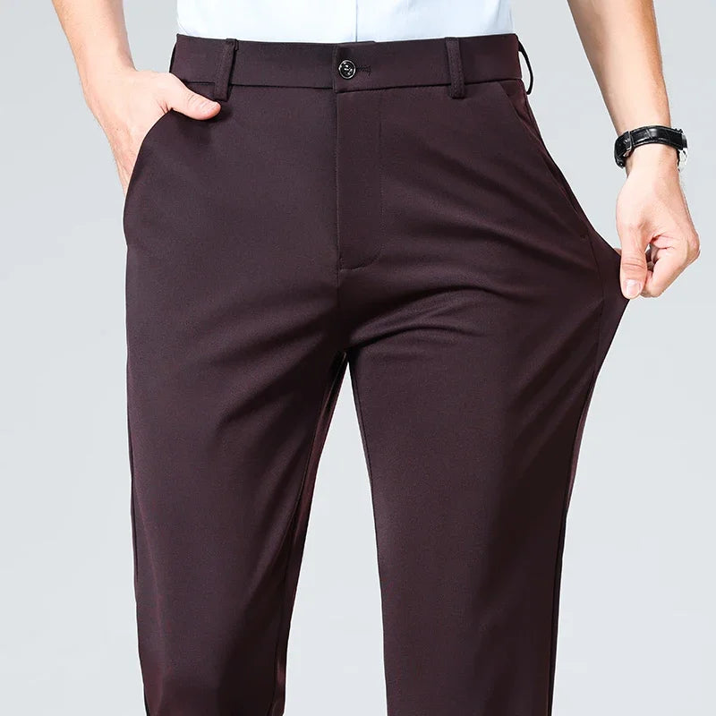Spring Summer Stretch Smooth Trousers Men Classic Business Elastic Waist Pants Thin Black Gray Blue Casual Suit Pants Male Brand